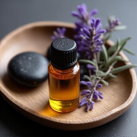 Aromatherapy oils and volcanic stones on a wooden tray