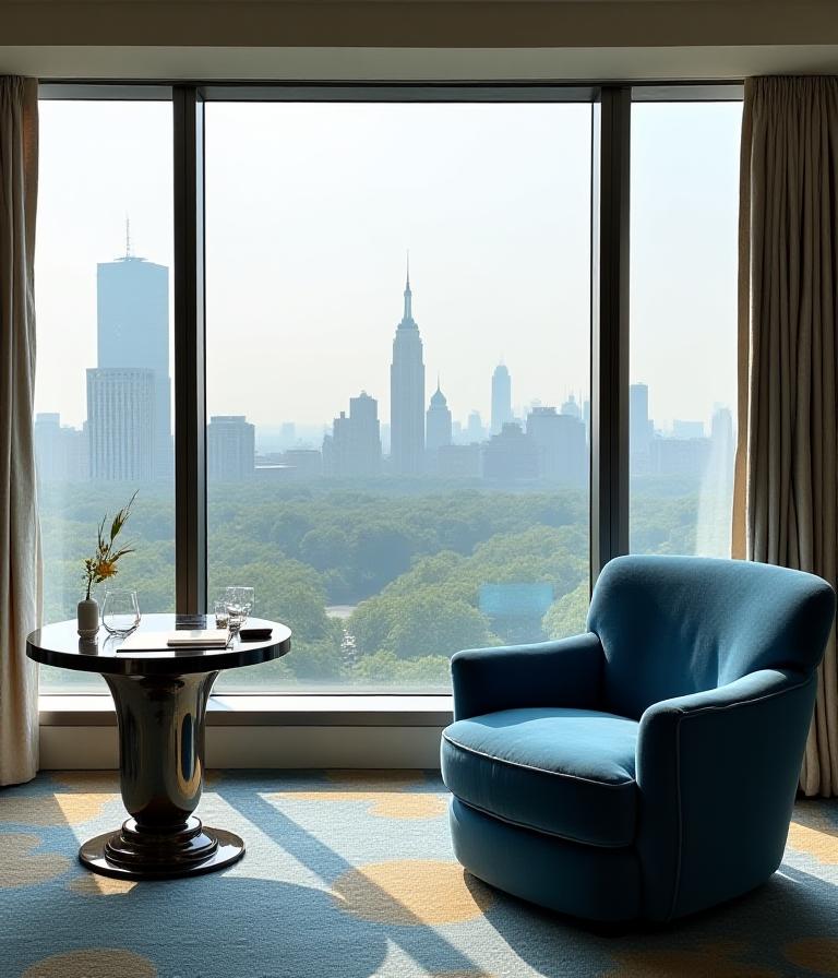 Luxury hotel suite interior overlooking Central Park
